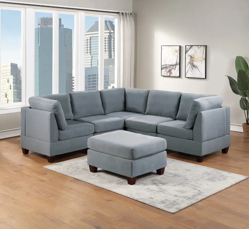 Unique Corner Wedge Ottoman Chairs Modern Polyfiber Gray L-Shaped Sectional 6pcs Set Living Room Furniture Esofastore