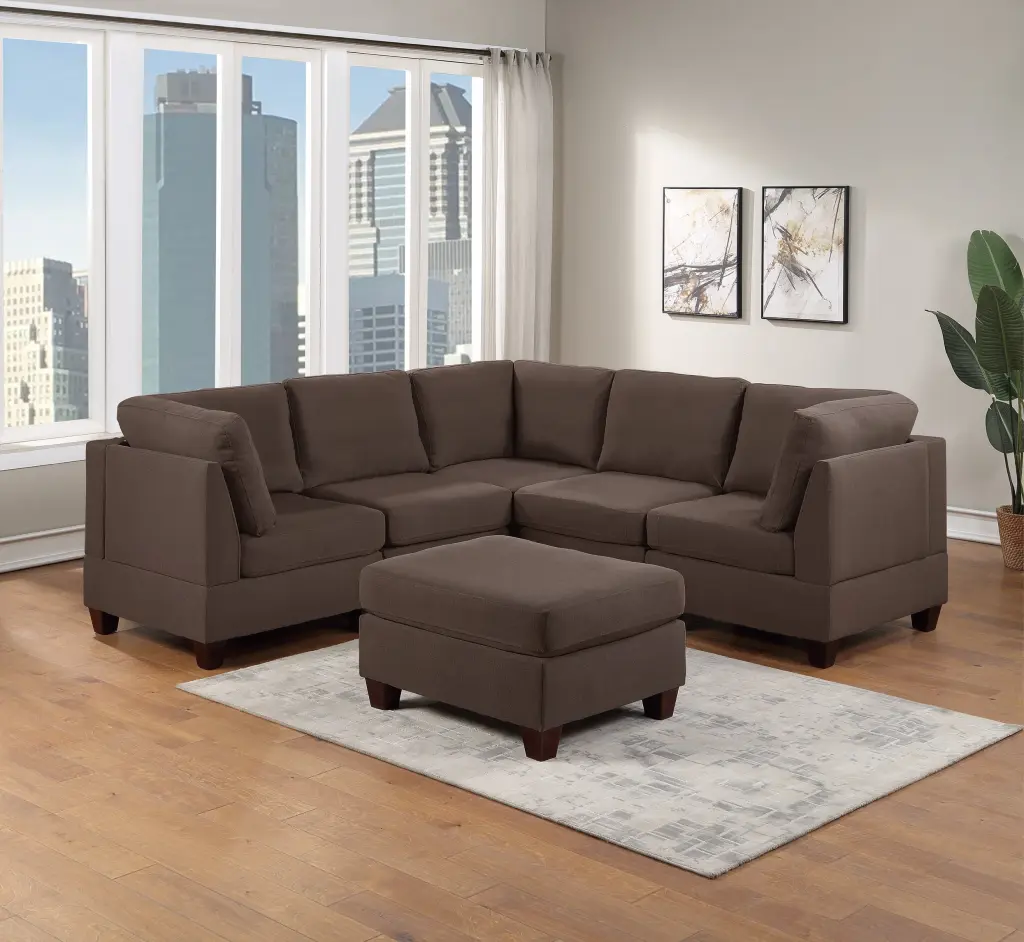 Unique Corner Wedge Sofa Ottoman Modern Linen Like Fabric Black Coffee L-Shaped Sectional 6pcs Set Esofastore