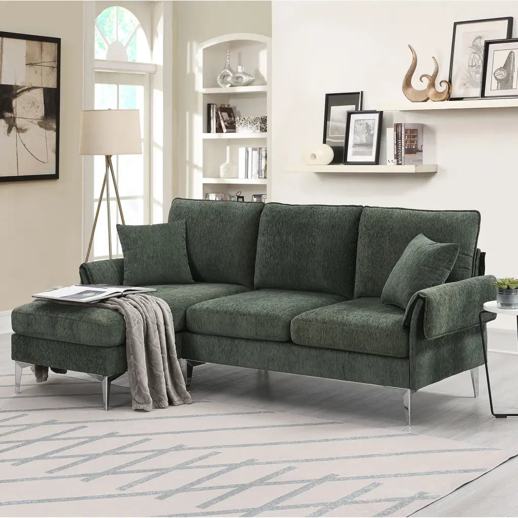 EUROCO 84 Modern L-Shaped Convertible Sectional Sofa Couch Chenille Fabric 2 Pillows Reversible Chaise Lounge