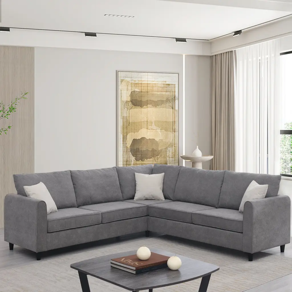 Euroco L Shape Modern Sectional Sofa 5-Seat Living Room Couch Set Pillows Gray