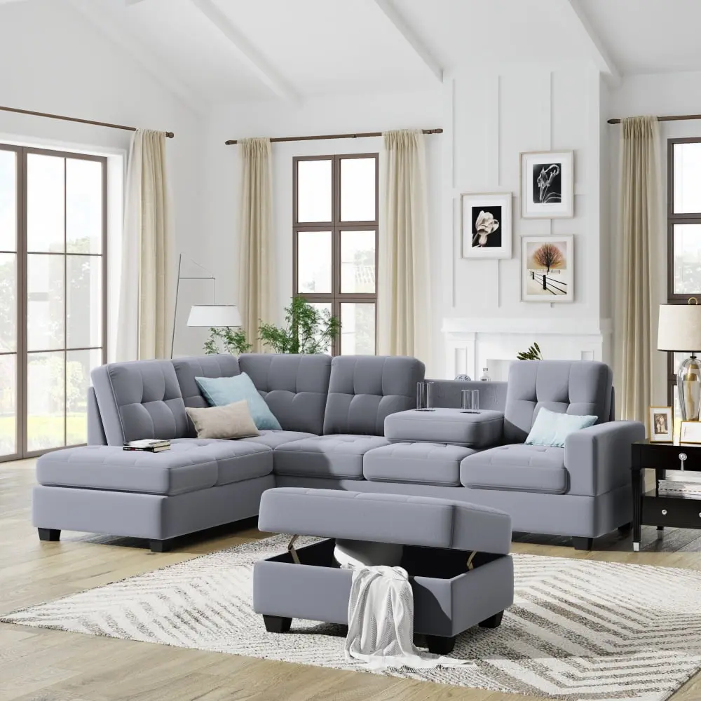 FreshTop L-Shaped Sectional Sofa Reversible Chaise Lounge - Storage Ottoman and Cup Holders - Antique Gray