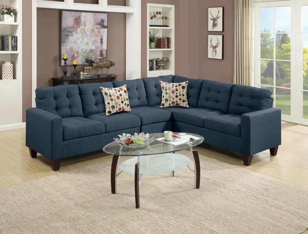 Gexpusm Modern Fabric L-Shape Sectional Sofa Footstool and Tufted Cushions Navy