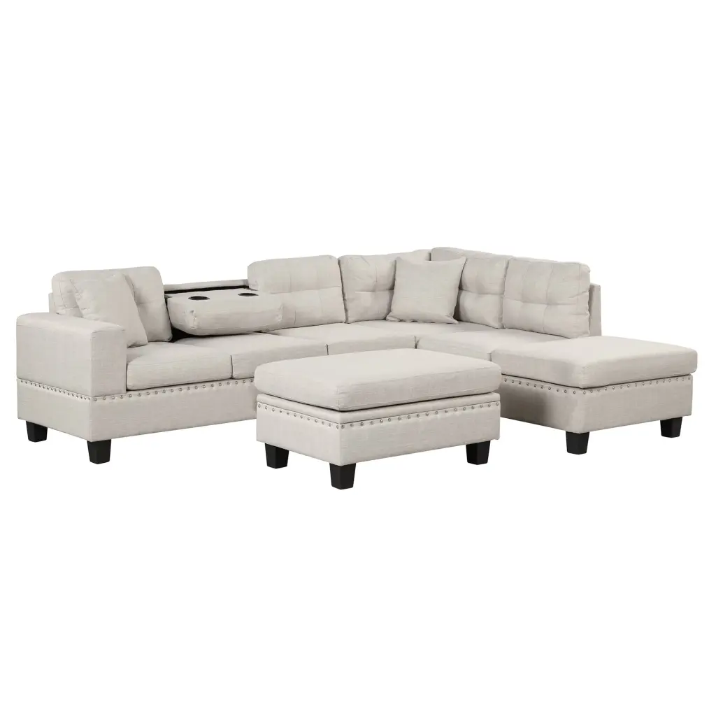 105 Modern L-Shape Sectional Sofa Storage Ottoman and Cup Holder Light Gray Ghislaine