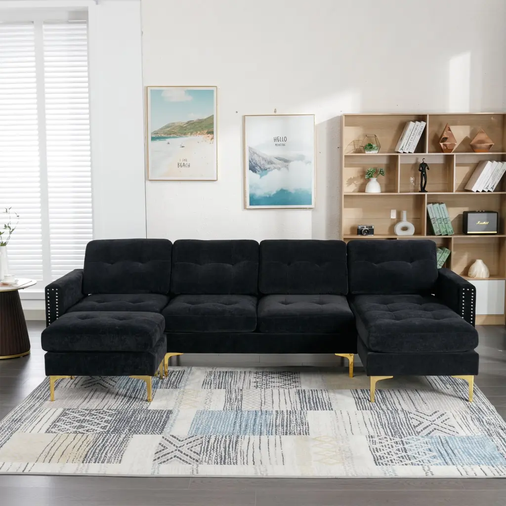 110 L-Shape Convertible Sectional Sofa Couch Movable Ottoman Living Room Black Ghislaine