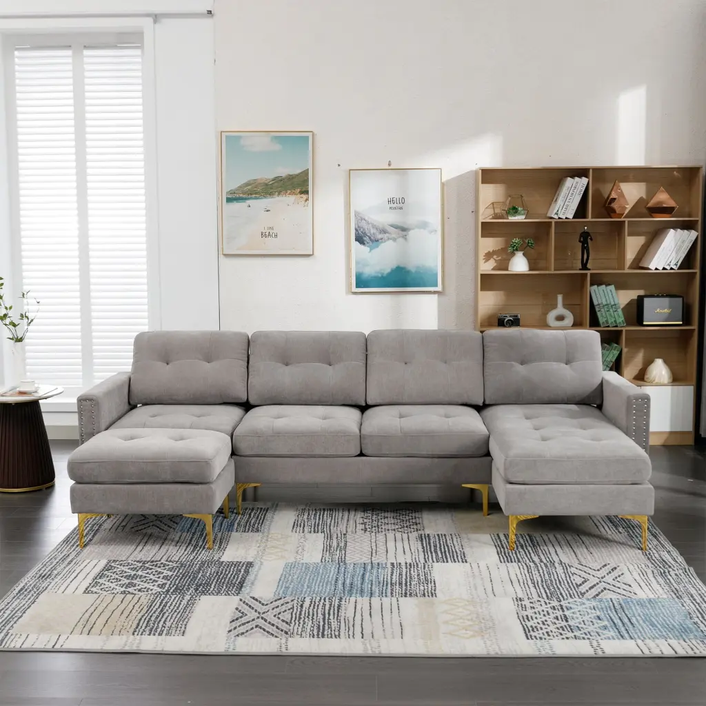 110 L-Shape Convertible Sectional Sofa Couch Movable Ottoman Living Room Light Grey Ghislaine