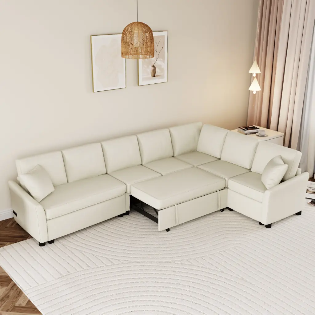 124.8 L-Shaped Convertible Sofa Bed USB Ports and Power Sockets Two Back Pillows Beige Ghislaine