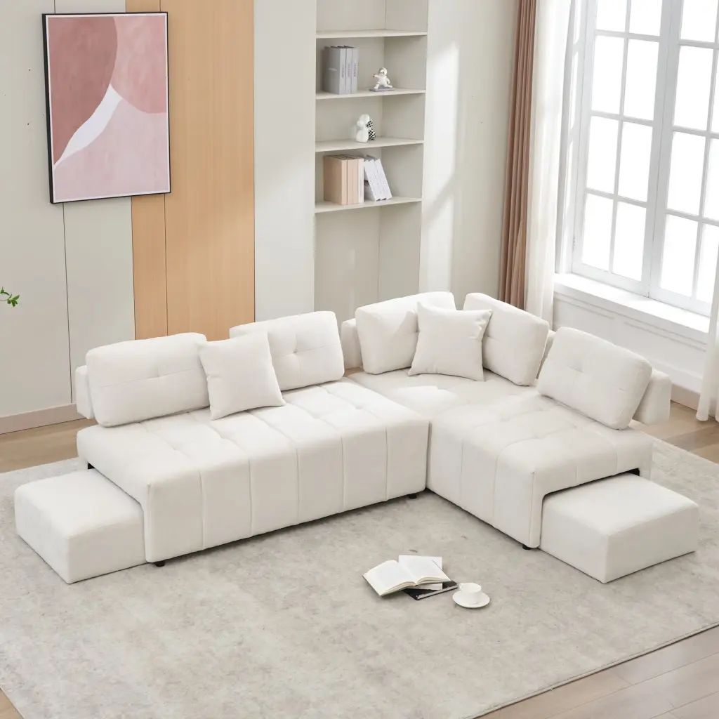 91.73 L-shaped Sofa Sectional Couch 2 Stools and 2 Lumbar Pillows Living Room Beige Ghislaine