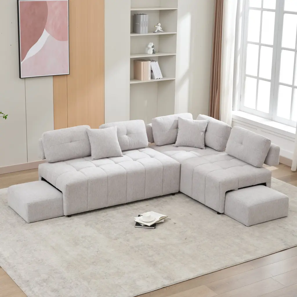 91.73 L-shaped Sofa Sectional Couch 2 Stools and 2 Lumbar Pillows Living Room Light Grey Ghislaine