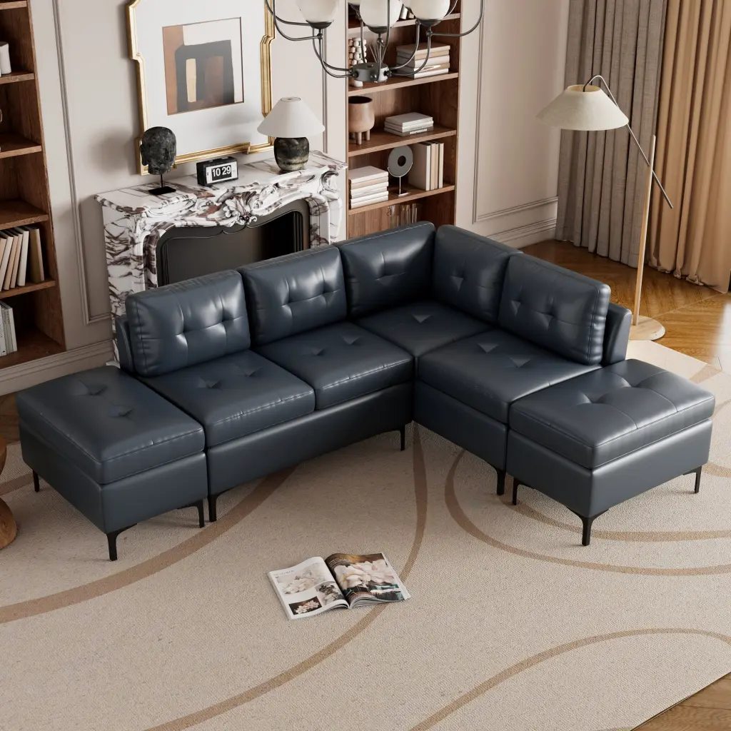 94.88 L-Shaped Corner Sofa Pu Leather Sectional Movable Storage Ottomans Blue Ghislaine