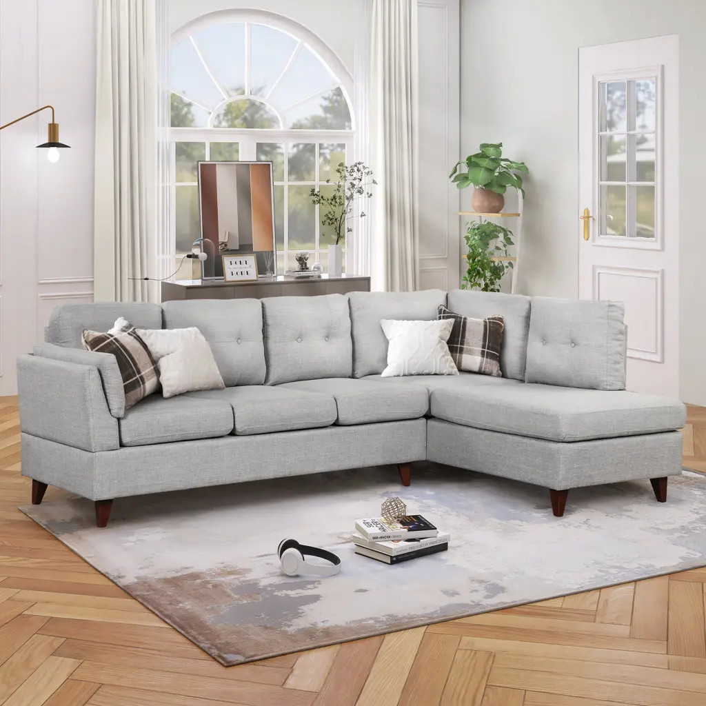 97.2 Modern Linen Fabric L Shape Sectional Sofa Chaise Lounge and Lumbar Pad Gray Ghislaine