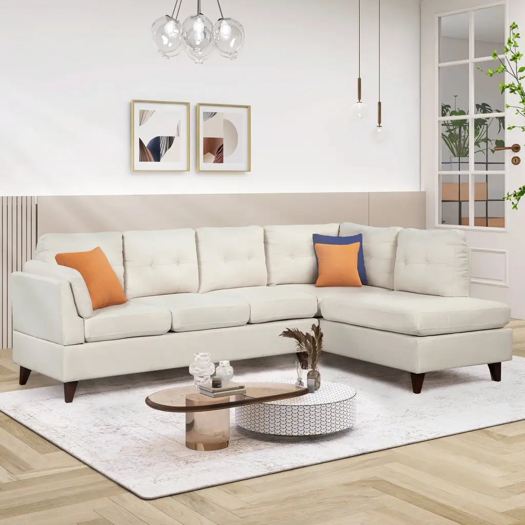 97.2 Modern Linen Fabric L Shape Sectional Sofa Chaise Lounge and Lumbar Pad Beige Ghislaine