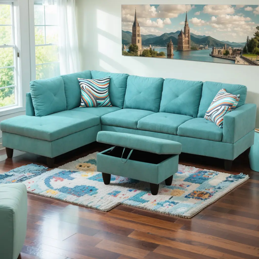 Modern Linen L-Shaped Sectional Couch Ottoman Living Room or Office Green Ghislaine