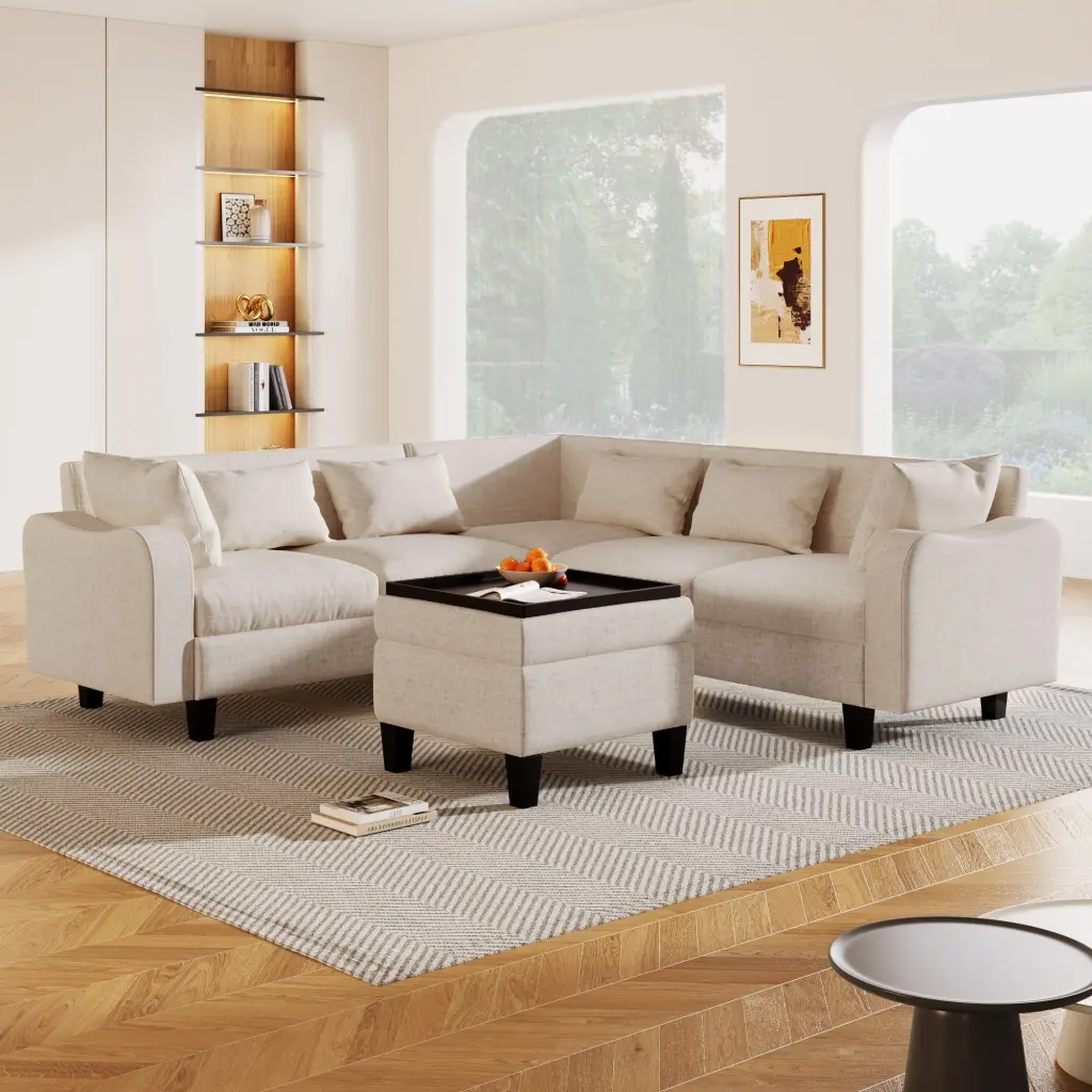 87 Modern Sectional Sofa Coffee Table and Storage Ottoman 6 Seat L Shape Ghislaine