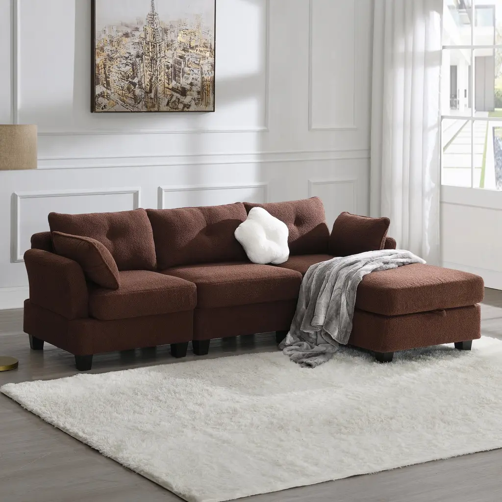 Modern Teddy Velvet Sectional Sofa Charging Ports and Storage Ottoman Ghislaine