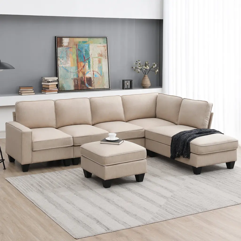 Vortex 7-Seat Linen Fabric L-Shaped Sectional Sofa Khaki Living Room Go Green Woods