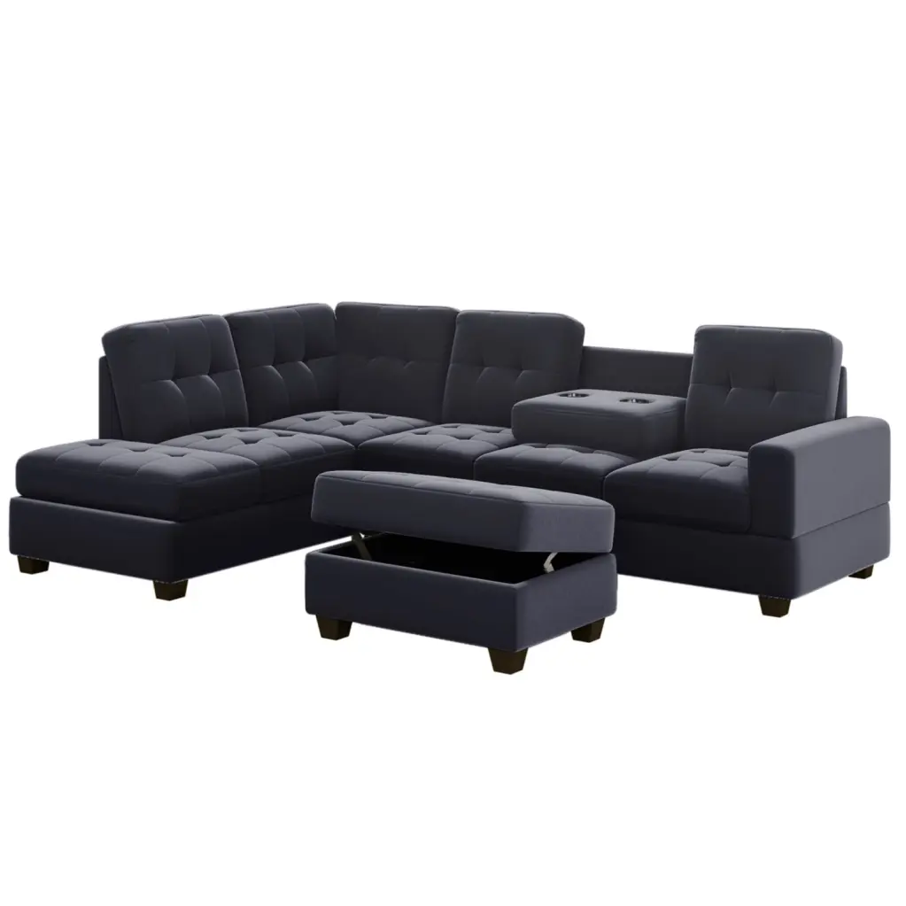 Black Velvet Sectional Sofa Reversible Chaise and Storage Ottoman - Elegant L-Shaped Couch Living Room HATNOKIL