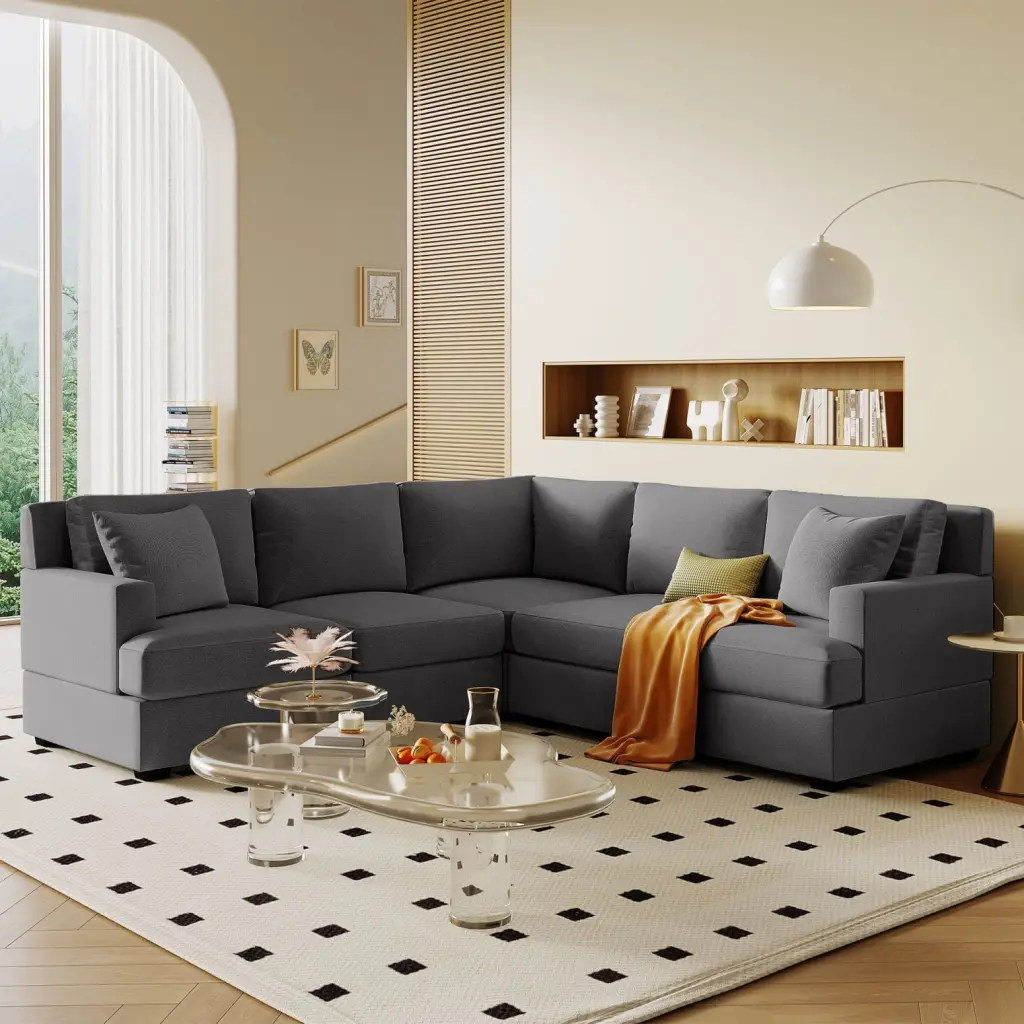 Gray L Shaped Sectional Sofa Modular Polyester Couch Solid Frame and Two Throw Pillows Contemporary Design HATNOKIL