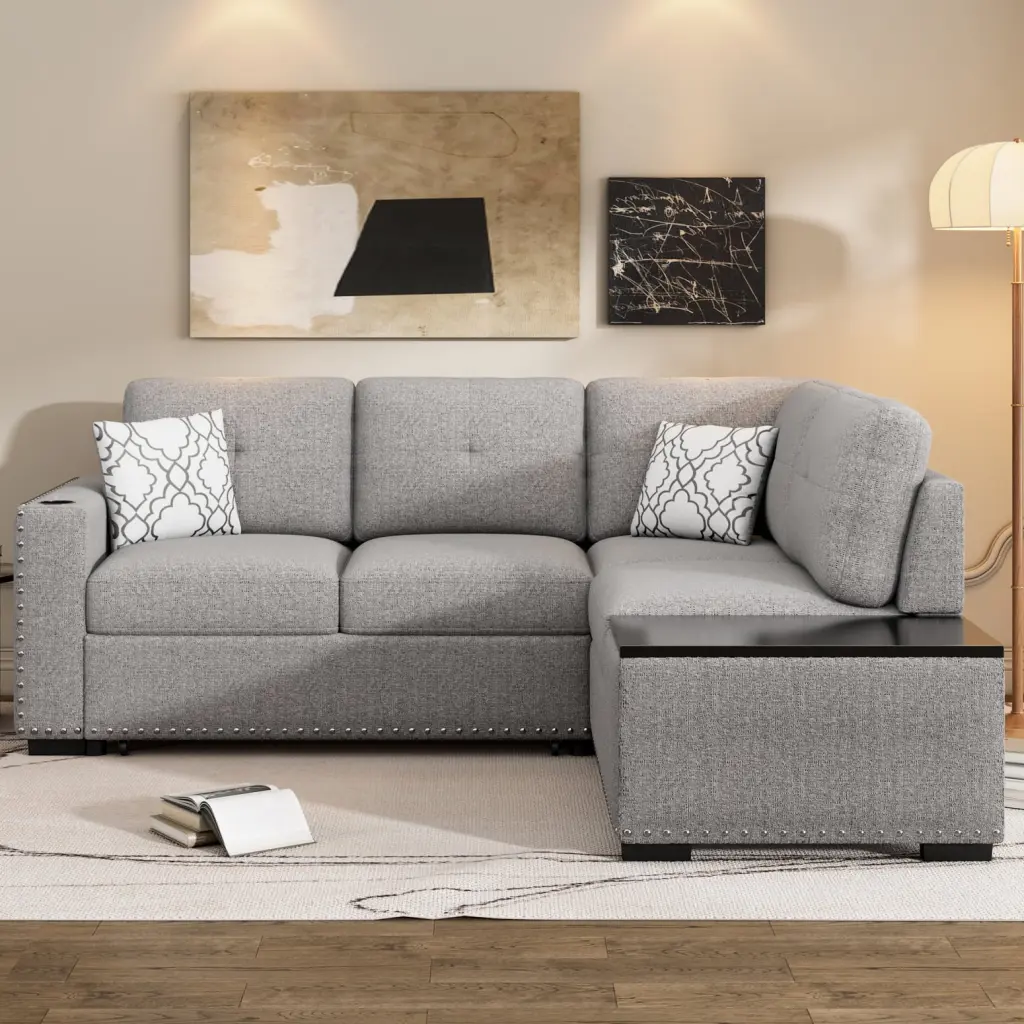 Light Gray L-Shaped Reversible Sectional Sofa Bed Pull-Out Sleeper HATNOKIL