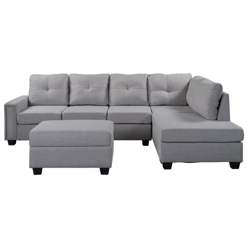 L-Shaped Sectional Sofa Bonus Ottoman - Modern Light Grey Linen Couch Riveted Accents Compact or Spacious Living Rooms HAT...