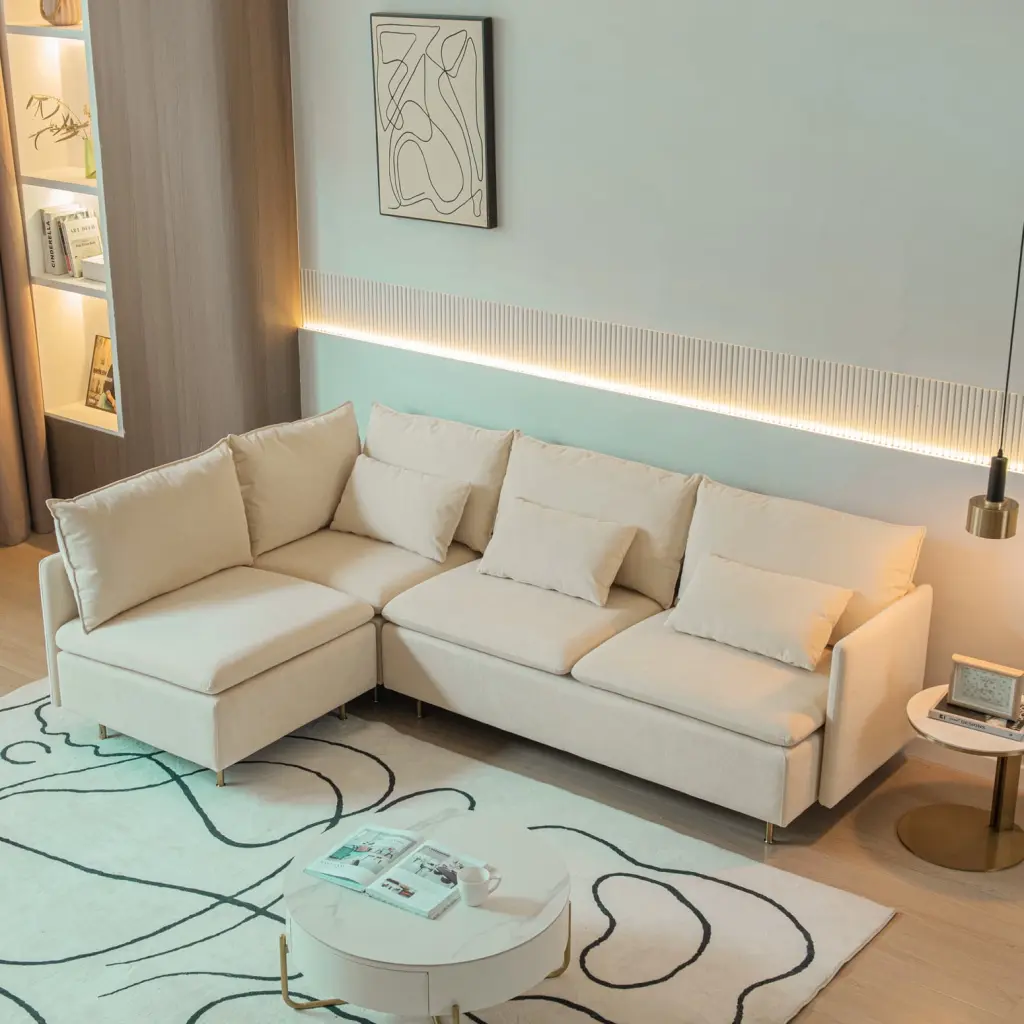 Modular Beige L-Shaped Sofa Movable Chaise Cotton-Linen Living Rooms and Offices HATNOKIL