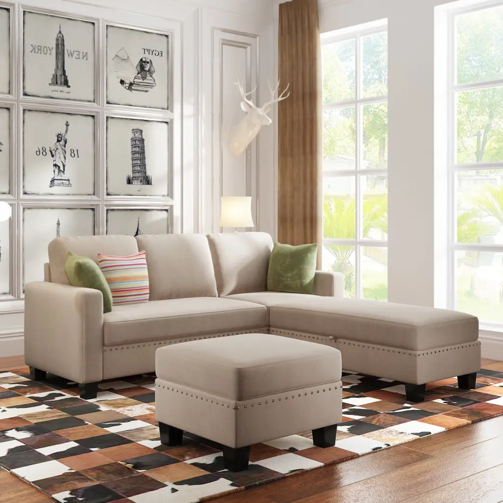 Warm Grey Contemporary Reversible L Shaped Sofa Set Storage Ottoman Nailhead Fabric 3 Piece HATNOKIL