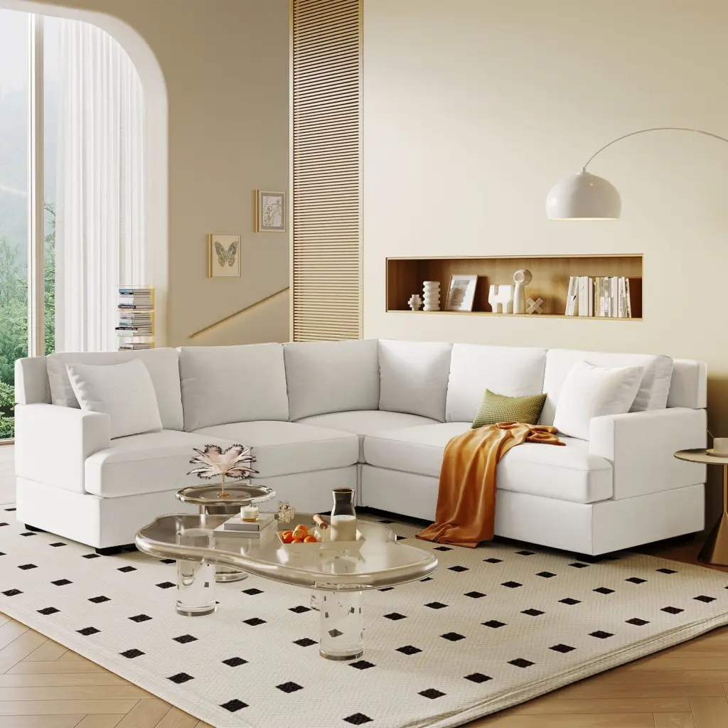White L Shaped Sectional Sofa Modular Polyester Couch Solid Frame and Two Throw Pillows Elegant Design HATNOKIL