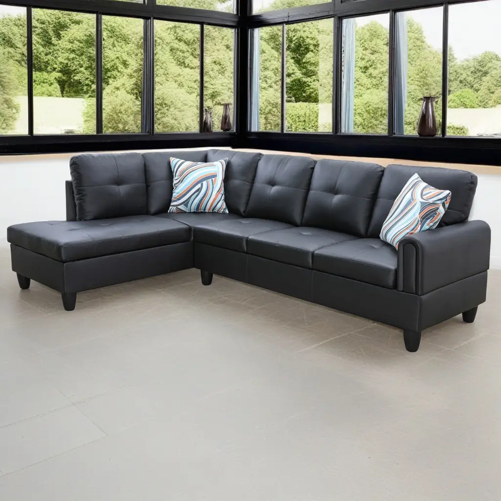 Hommoo Faux Leather 4-Seat L Shaped Sectional Sofa Set Modern Chaise Lounge Black No Ottoman