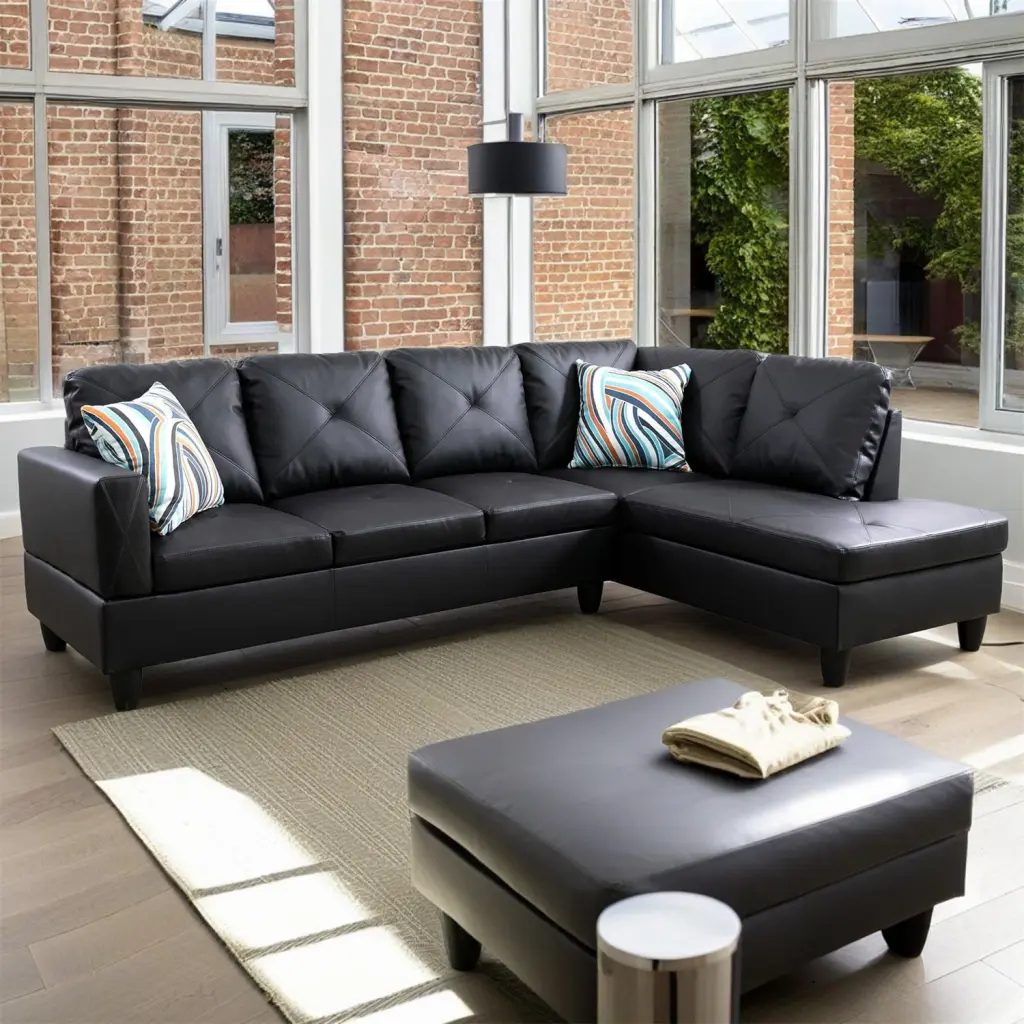 Hommoo Faux Leather Modern 4-Seat L Shaped Sectional Sofa Set Home Apartment Dorm Black