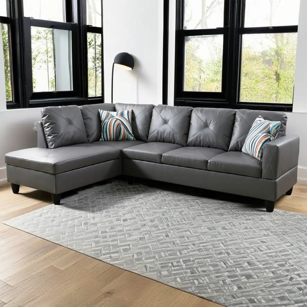 Hommoo Faux Leather Modern L-Shaped 4-Seat Sectional Sofa Set Home Apartment Dorm 16 Back Height Dark Grey