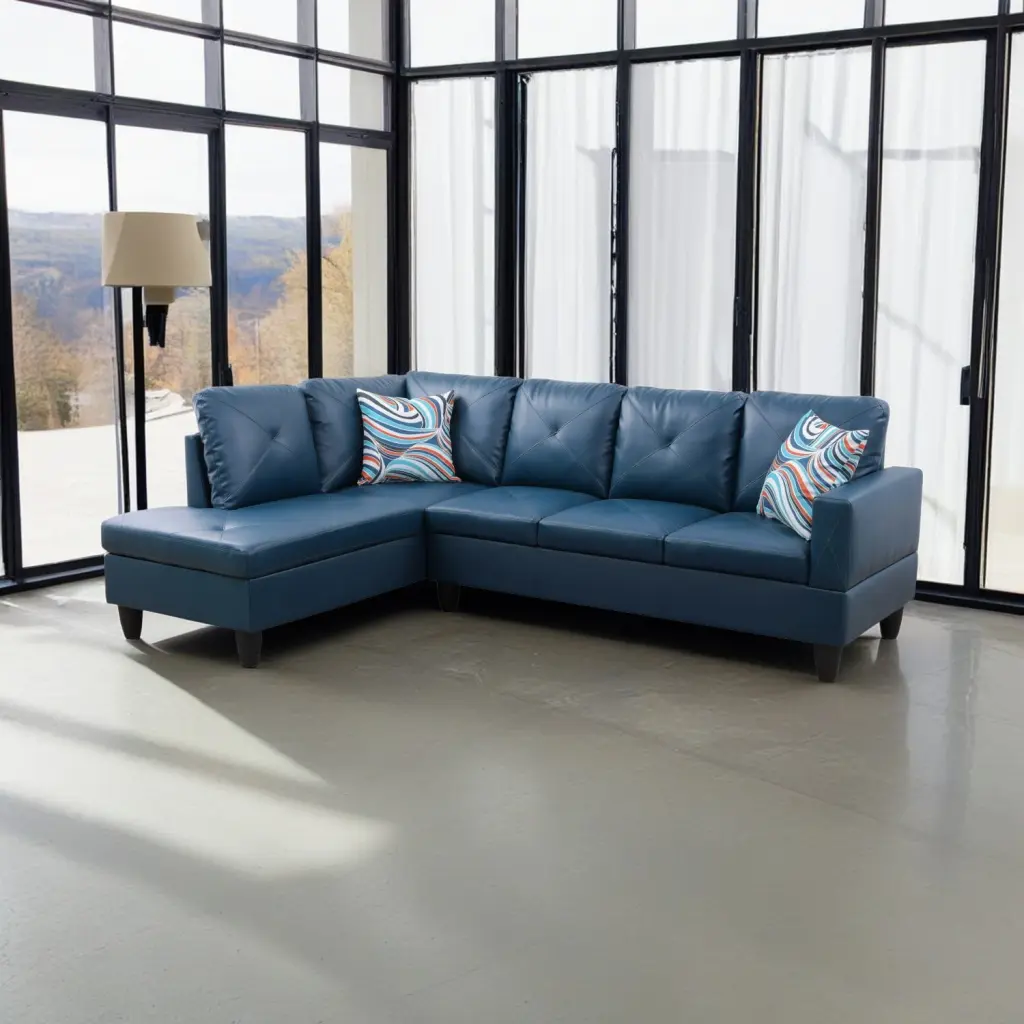 Hommoo Faux Leather Modern L-Shaped 4-Seat Sectional Sofa Set Home Apartment Dorm 16 Back Height Denim