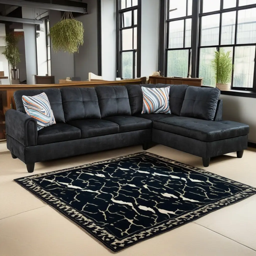 Hommoo Flannel 4-Seat L Shaped Couch Sofa Set Sectional Sofa Small Space Black