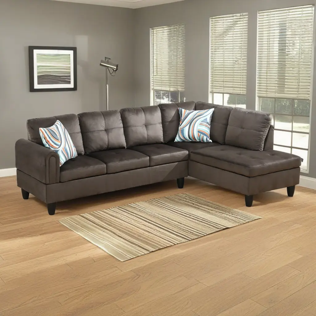 Hommoo Flannel 4-Seat L Shaped Couch Sofa Set Sectional Sofa Small Space Dark Brown