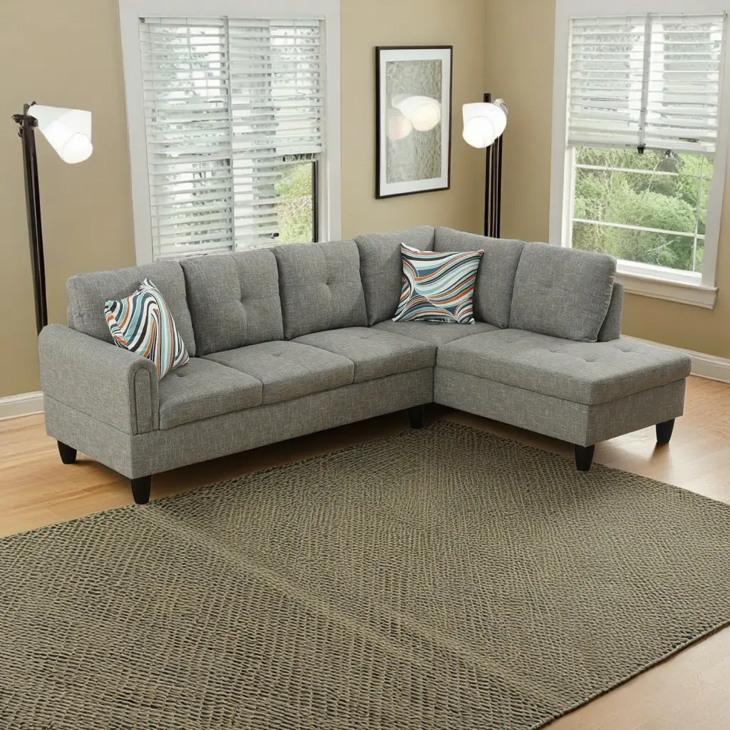 Hommoo Flannel L-Shaped Couch Sectional Sofa 4-Seat Couches Home Apartment Dorm 16 Back Height Grey