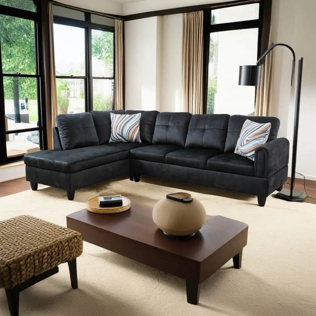 Hommoo Flannel L Shaped Sectional Sofa 4-Seat Living Room Couch Set Black No Ottoman