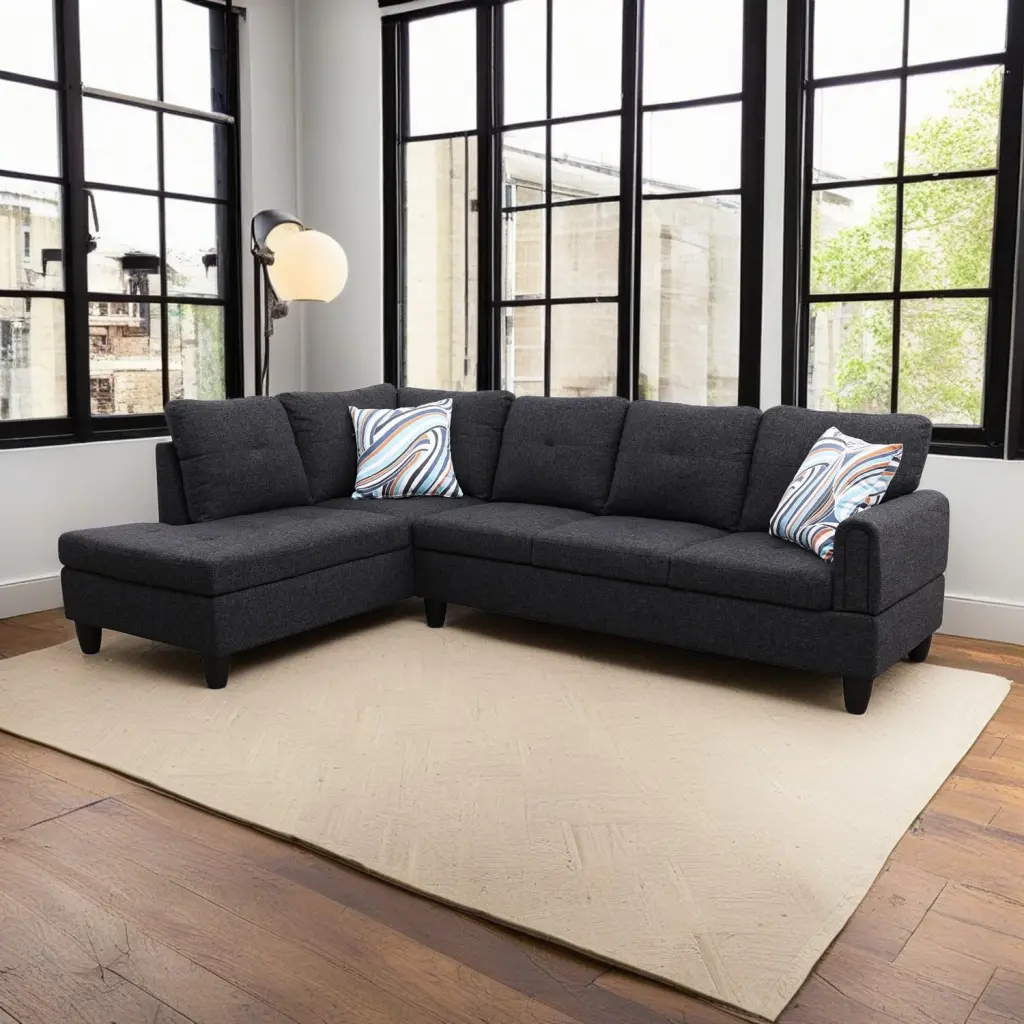 Hommoo L-Shaped Couch Sectional Sofa Linen 4-Seat Couches Home Apartment Dorm 16 Back Height Black Grey