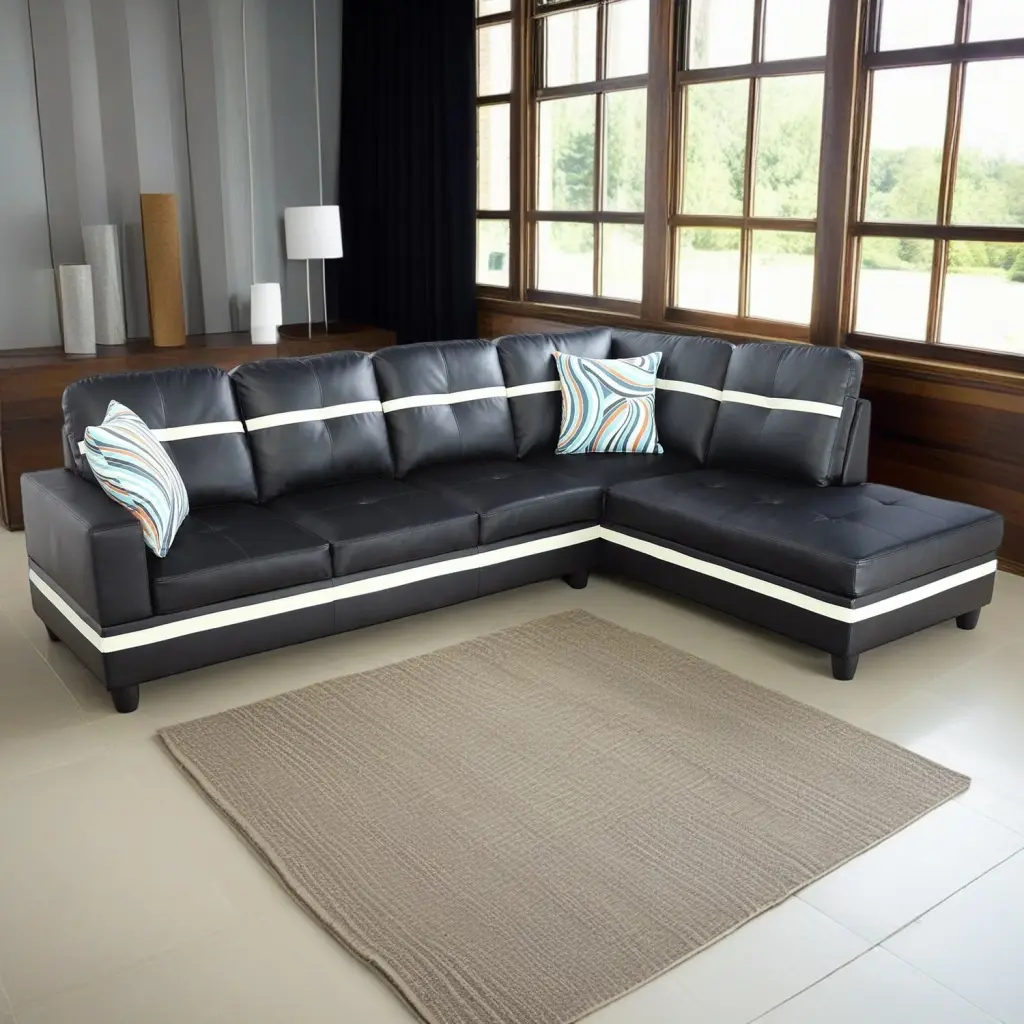 Hommoo L Shaped Sectional Sofa 4-Seat Semi PU Synthetic Leather Modern Living Room Furniture Black White