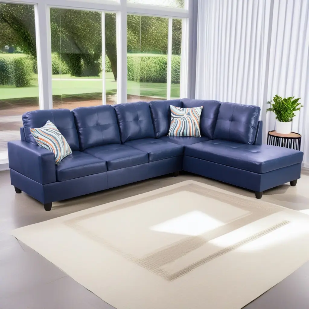 Hommoo L Shaped Sectional Sofa 4-Seat Semi PU Synthetic Leather Modern Living Room Furniture Blue
