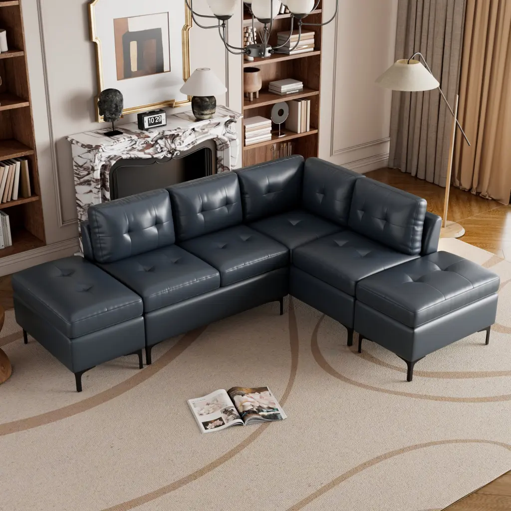 94.88 L-Shaped Corner Sectional Sofa Blue PU Leather Storage Ottomans Miekor