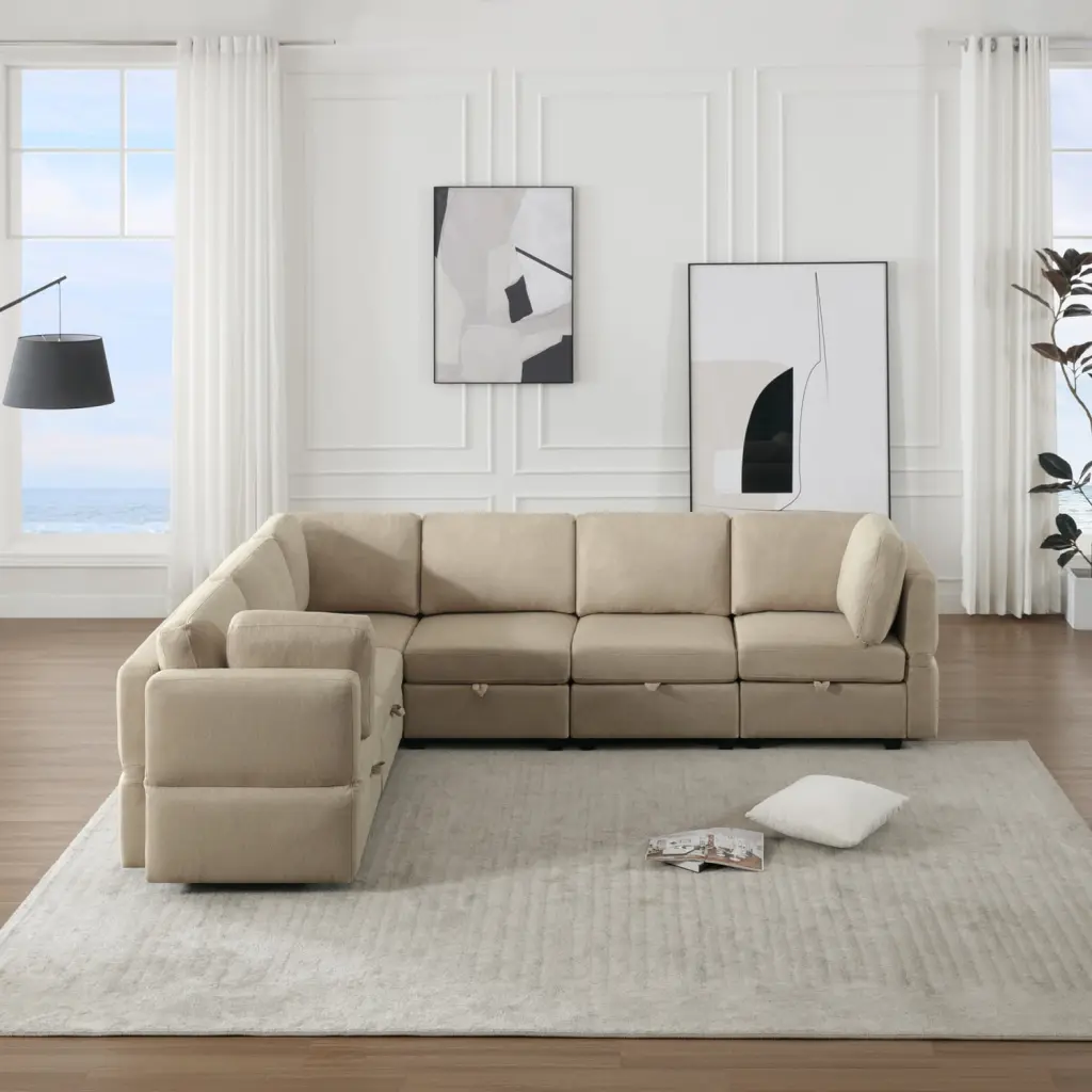 Miekor Furniture L Shaped Modular Sectional Corner Sofa Couch 6 Seat Chaise Adjustable Arms and Backs Beige