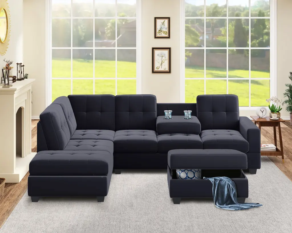 Modern Sectional Sofa Reversible Chaise L Shaped Couch Set Storage Ottoman Cup Holders Black Miekor