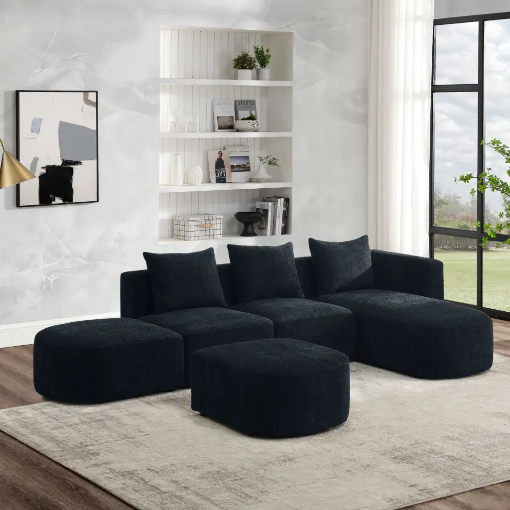 L Shape Sectional Sofa Right Side Chaise Ottoman Modular Sofa DIY Combination Loop Yarn Fabric Black Miekor