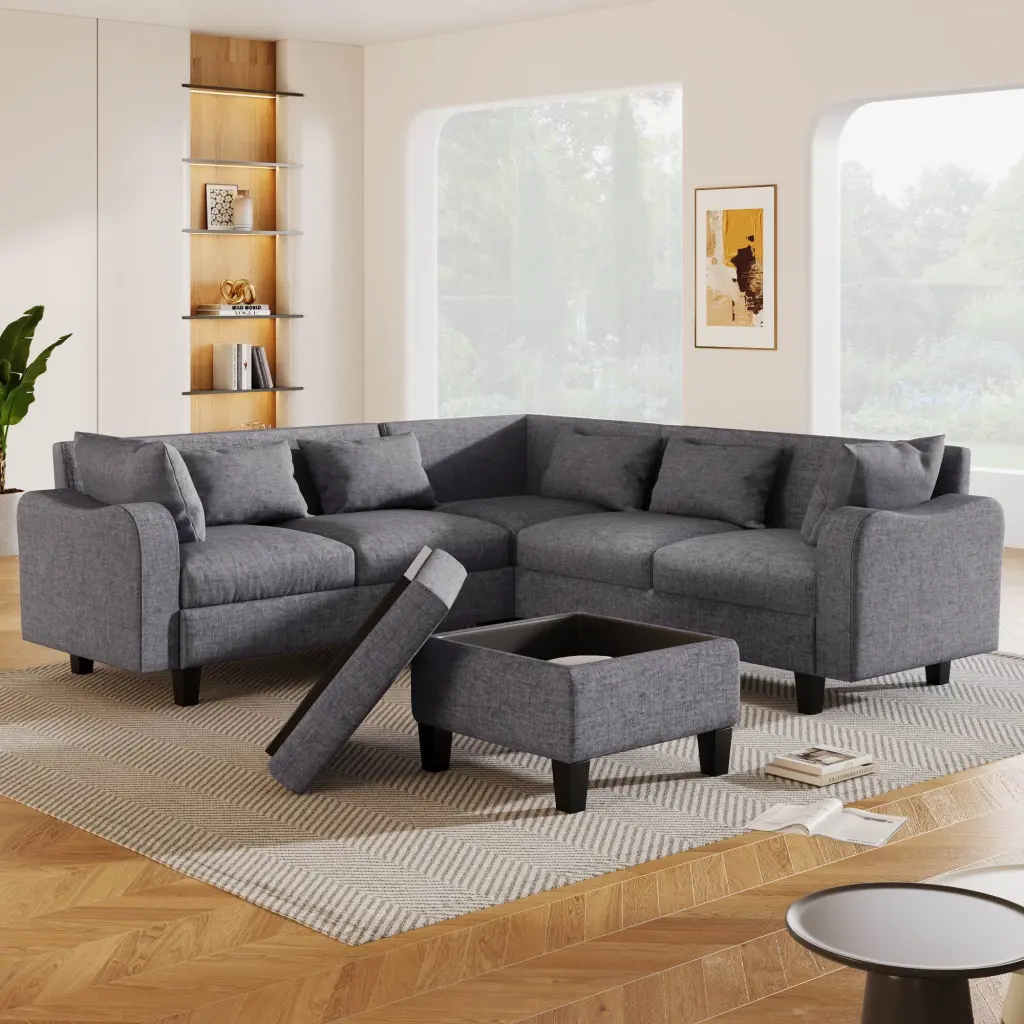 MUIRNAXI 87 Inch L Shape Modular Sectional Sofa Coffee Table and Storage Footstool