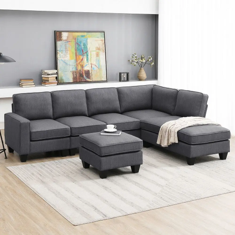 104.3x78.7 Modern L-shaped Sectional Sofa 7-Seat Linen Fabric Couch Set Chaise Lounge and Convertible Ottoman Onuobao