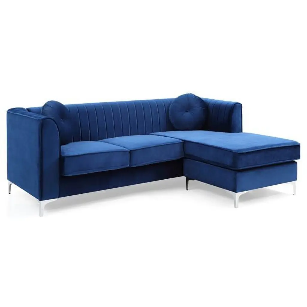 Passion Furniture Delray 87 Inch Navy Blue Velvet L-Shape 3-Seater Sectional Sofa 2 Throw Pillows