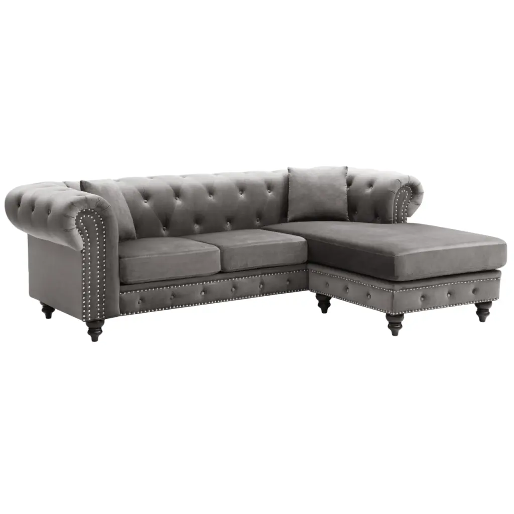 Passion Furniture Nola 98 Inch Dark Gray Velvet L-Shape 3-Seater Sofa Pillows
