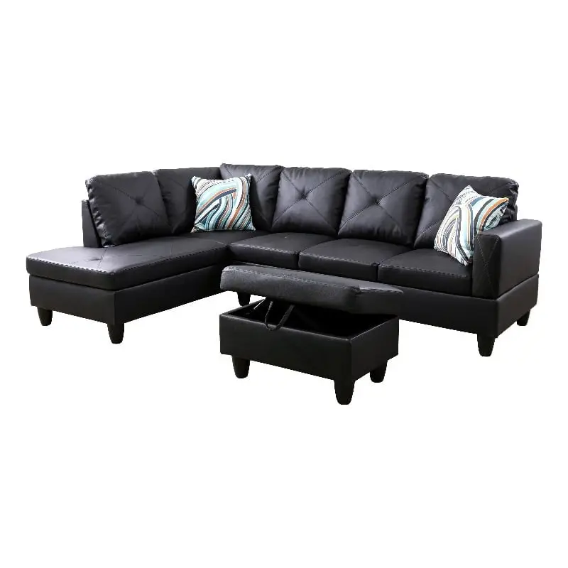 Pemberly Row L Shaped Black Microfiber Couch Ottoman Pillows Included