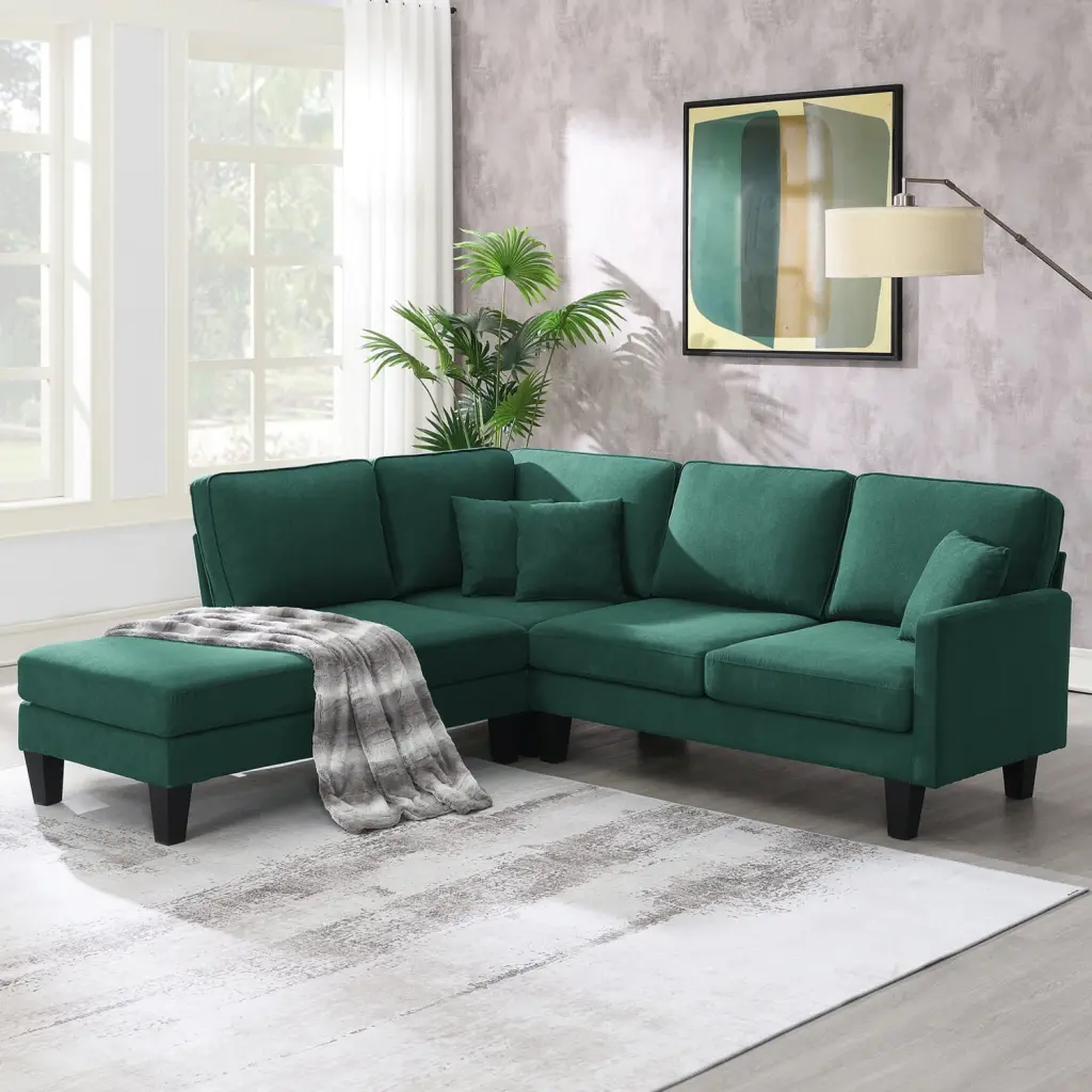 90x88 Terrycloth Modern Sectional Sofa 5-Seat L-Shape Couch Set Chaise Lounge and 3 Pillows Green Elegance Ponnky