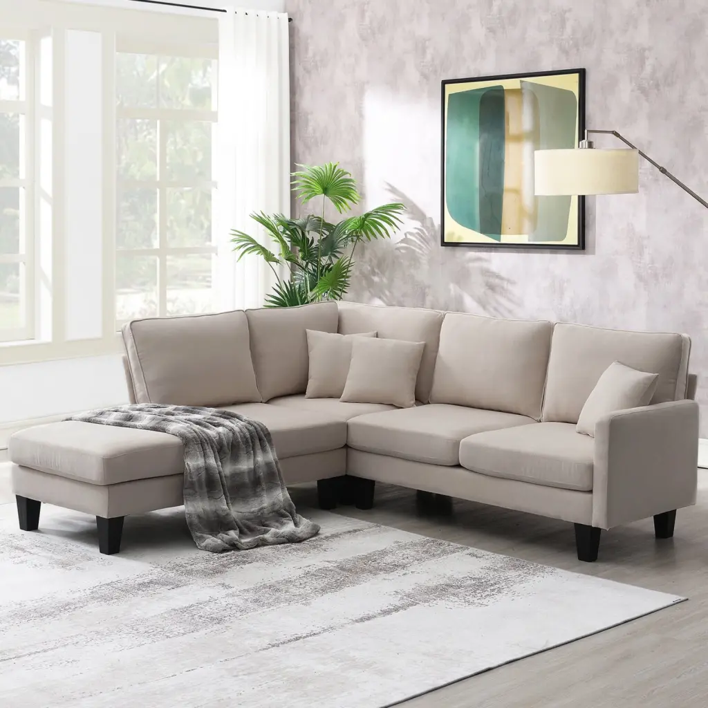 90x88 Terrycloth Modern Sectional Sofa 5-Seat L-Shape Couch Set Chaise Lounge and 3 Pillows Beige Elegance Ponnky