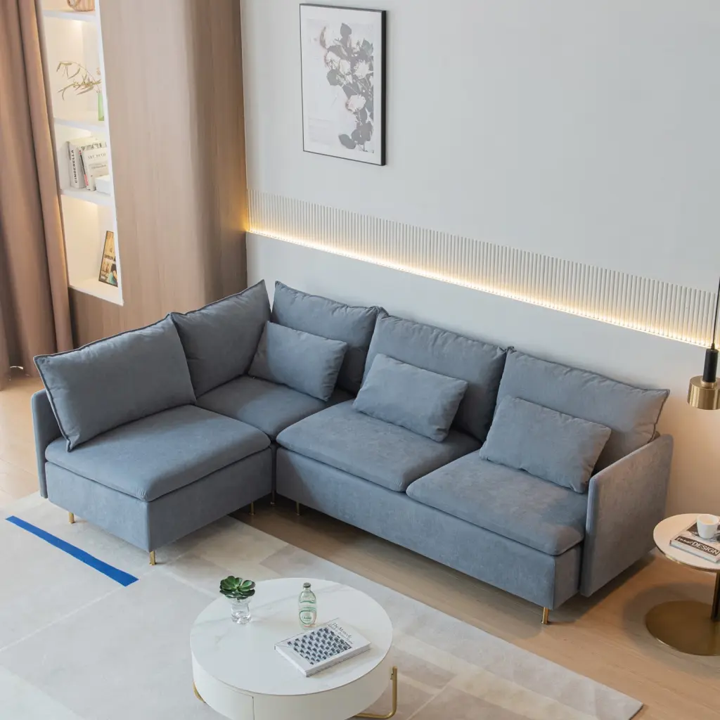 Convertible L-Shaped Sectional Sofa Flexible Movable Chaise Modern Grey Cotton-Linen Ponnky