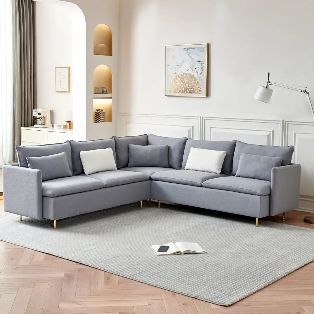 Plush 92 Gray Teddy Fabric L-Shaped Sectional Sofa Support Pillows - Modern Couch Eucalyptus Wood Frame and Golden Legs Po...
